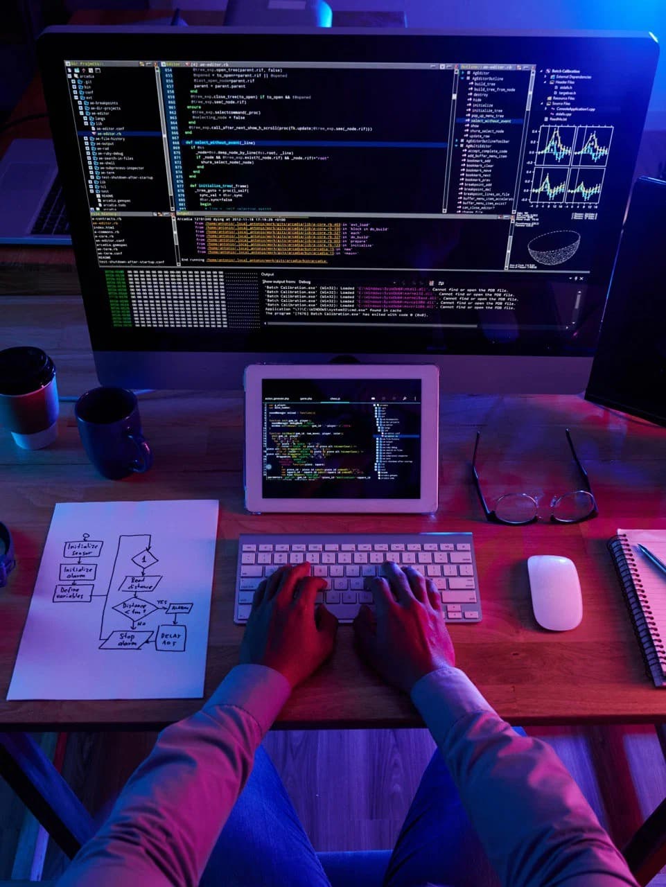 Continuous integration and deployment pipelines visualized on screens