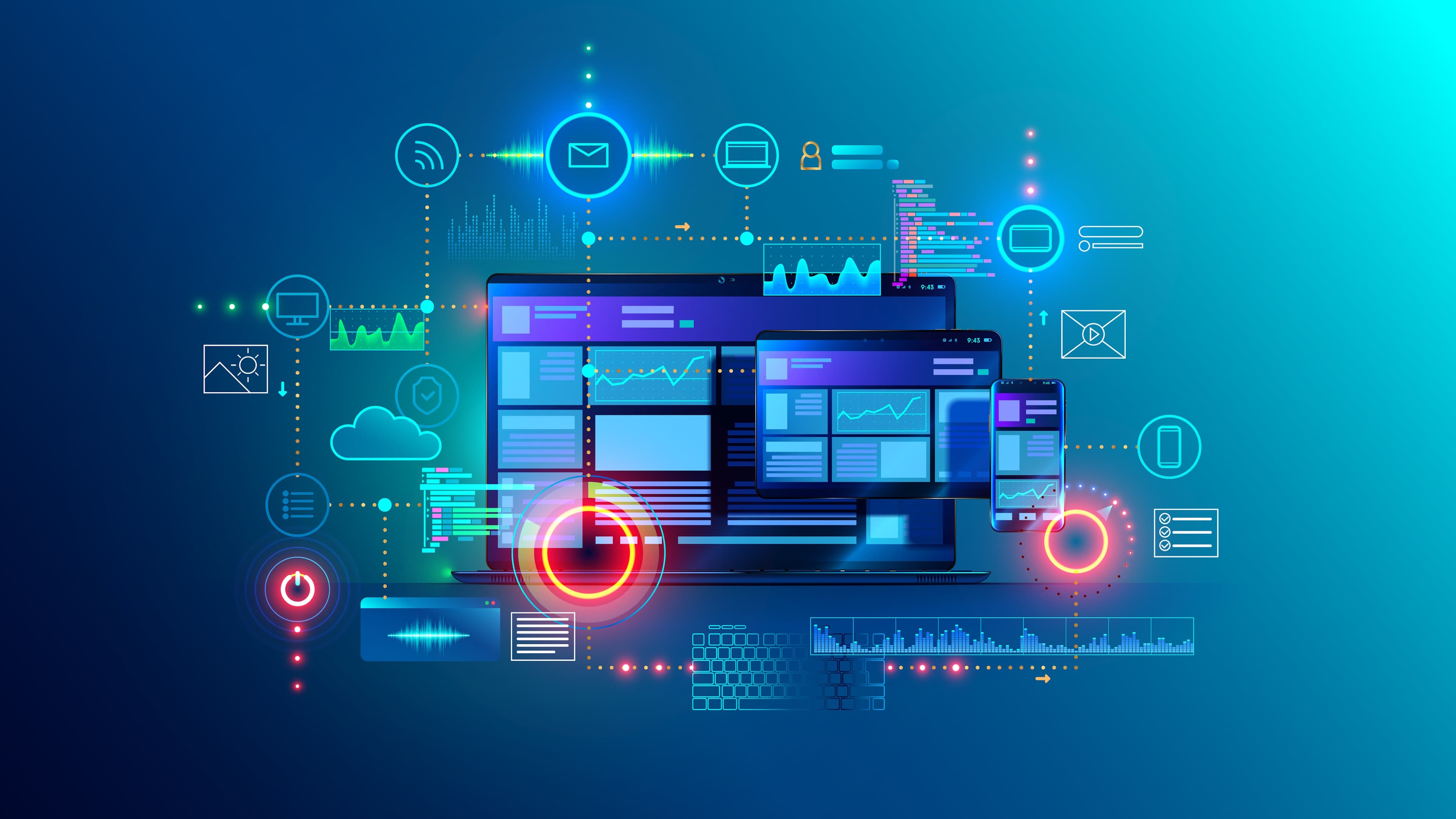 Modern web dashboards and code on multiple screens